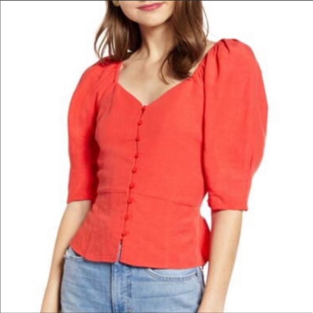 Something Navy Cherry Red Puff Sleeve Blouse